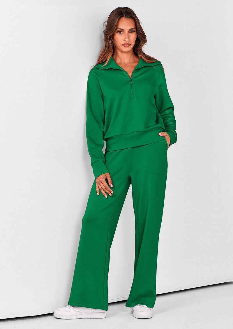 PRETTYGARDEN Women's 2 Piece Outfits Casual Lapel Half Zip Sweatshirts And Wide Leg Pants Tracksuit Sets