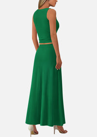 Crop Tank Top Flowy Midi Skirts Ribbed Knit Casual Two Piece Skirt Set