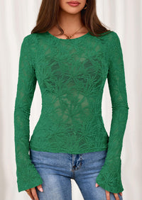 PRETTYGARDEN Womens Lace Long Bell Sleeve Tops Fall Sexy See Through Sheer Floral Blouse Shirt Fitted Going Out Outfits