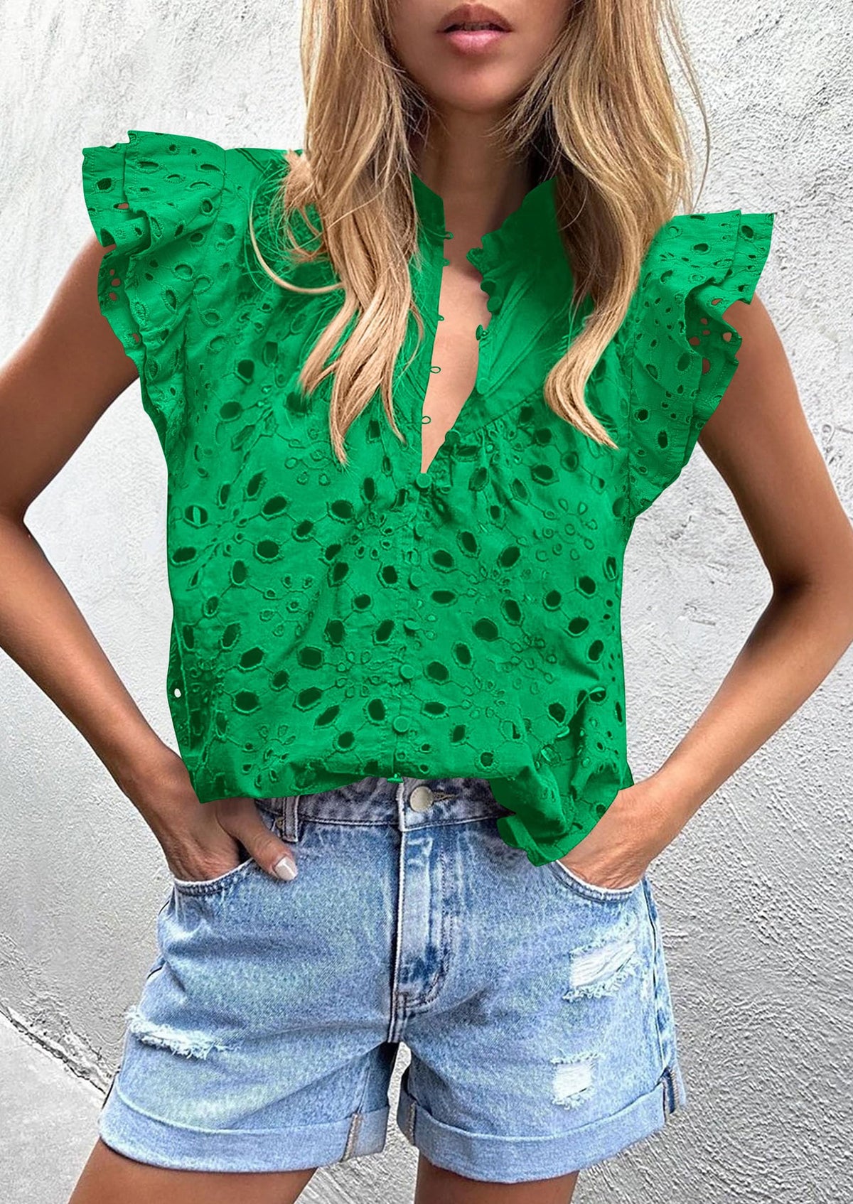 Casual Ruffle Cap Sleeve Button V Neck Embroidered Eyelet Blouses