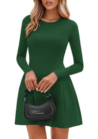 PRETTYGARDEN Long Sleeve Mini Dress for Women Fall Crewneck Knit Pleated Babydoll A Line Soft Casual Short Party Dresses PRETTYGARDEN