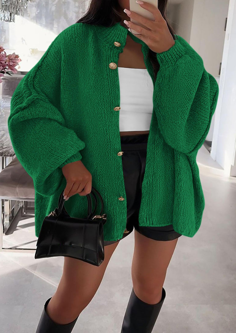 PRETTYGARDEN Women's Winter Button Down Cardigan Sweaters Mock Neck Lantern Long Sleeve Chunky Knit Jacket Trendy Outerwear