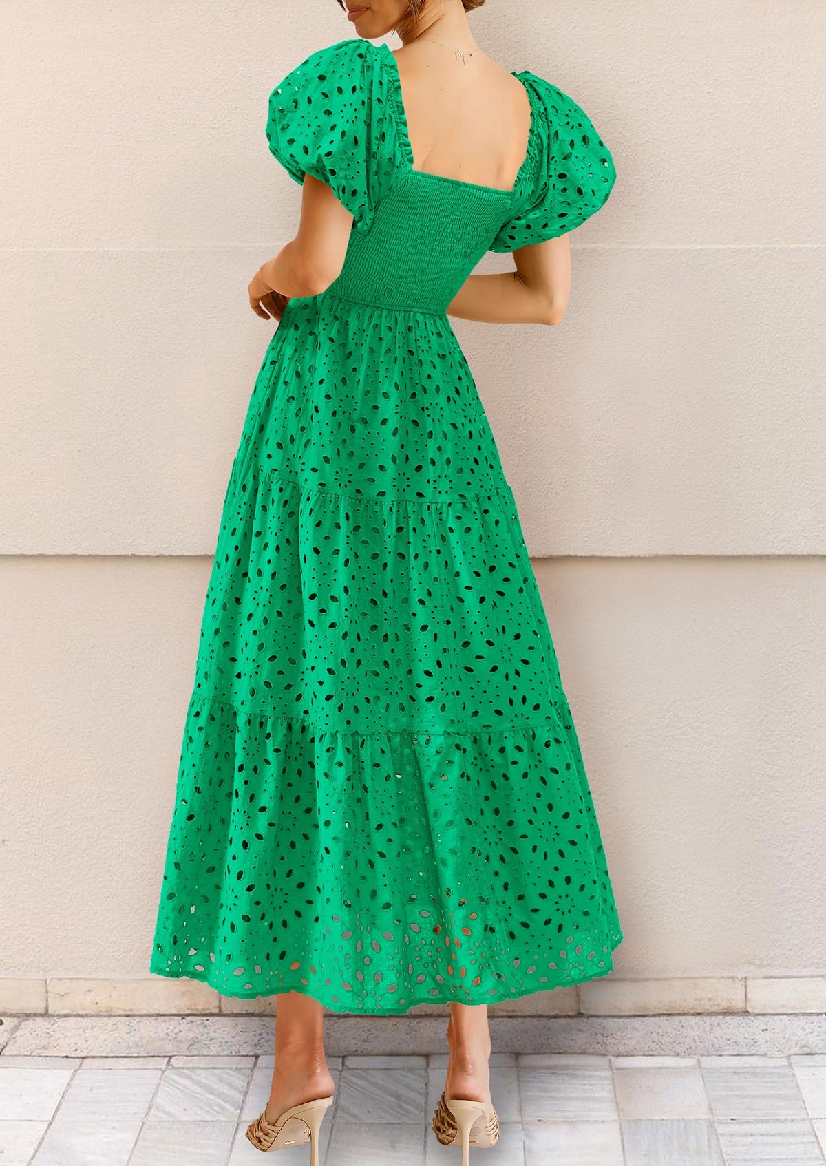 Eyelet Square Neck Puff Sleeve Smocked Maxi Dress with Pockets