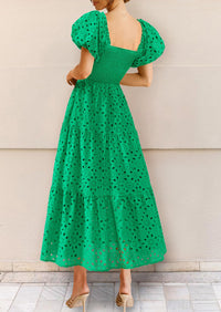 Eyelet Square Neck Puff Sleeve Smocked Maxi Dress with Pockets