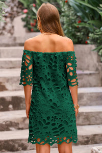 Off Shoulder Vintage Floral Lace Flare Short Sleeve Loose Elegant Mini Dress