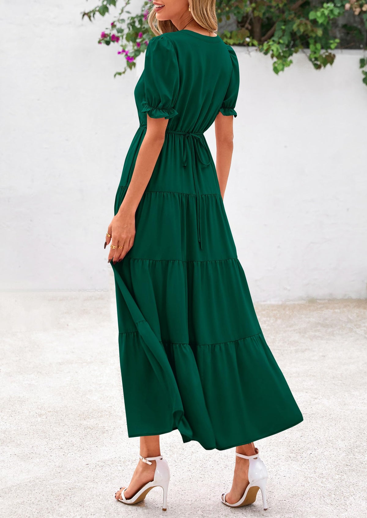 Casual Short Sleeve V Neck Tiered Flowy Beach Vacation Maxi Dress with Pockets