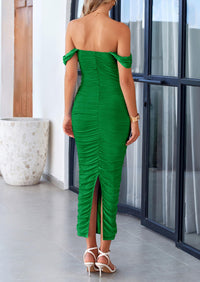 Off The Shoulder Ruched Bodycon Sleeveless Split Maxi Dresses