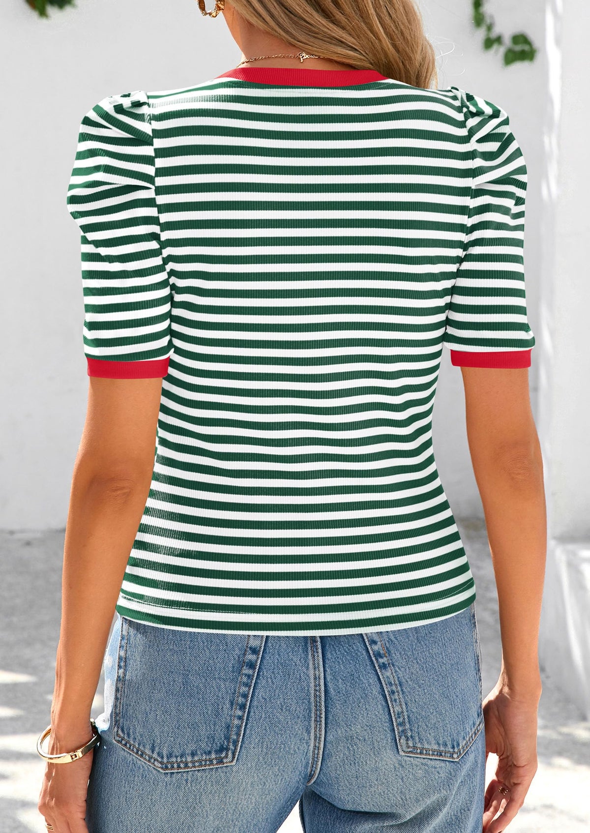 Puff Sleeve Casual Ribbed Knit Color Block Striped Pullover T-shirts
