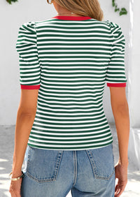 Puff Sleeve Casual Ribbed Knit Color Block Striped Pullover T-shirts