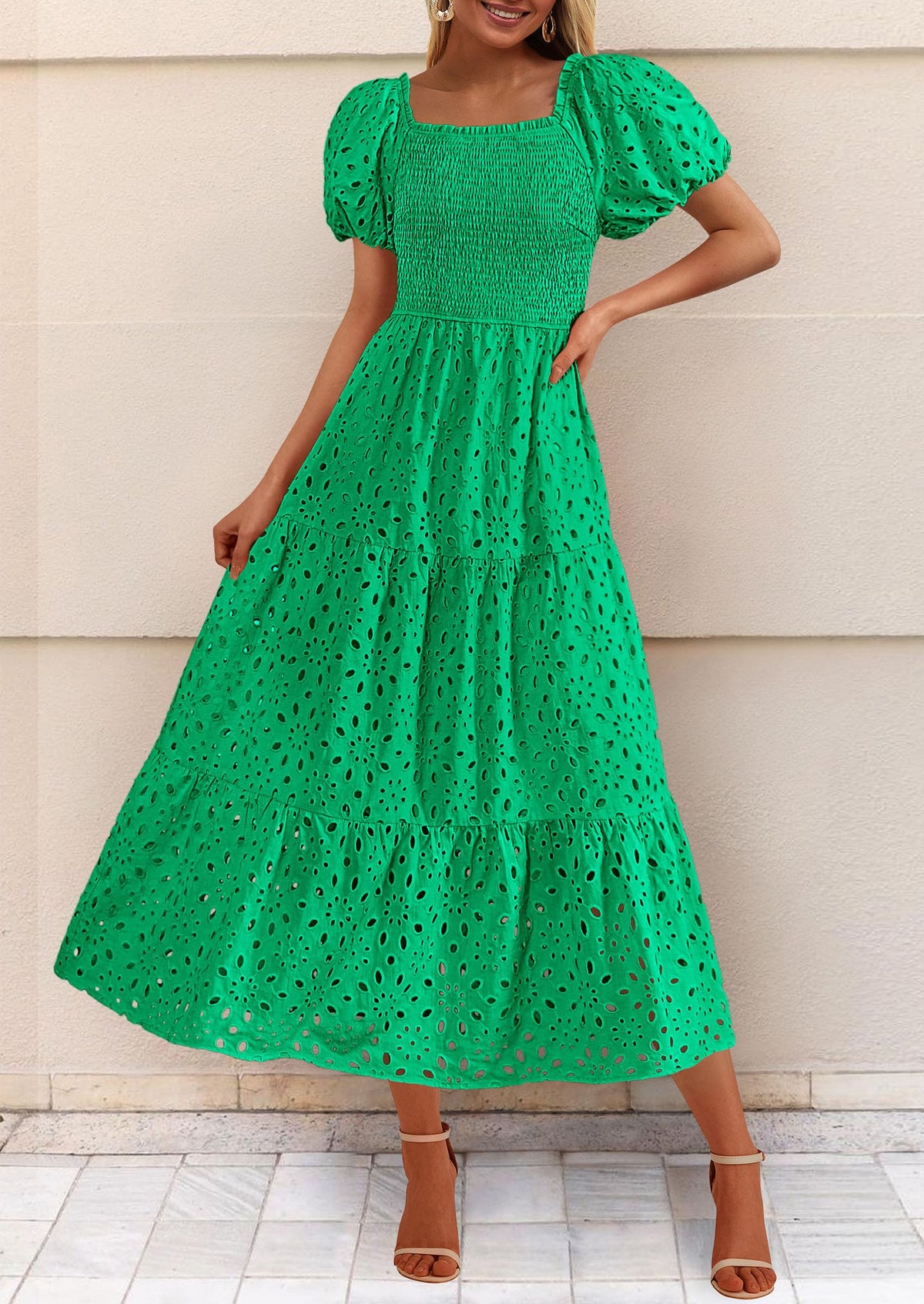 Eyelet Square Neck Puff Sleeve Smocked Maxi Dress with Pockets