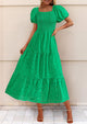 Eyelet Square Neck Puff Sleeve Smocked Maxi Dress with Pockets