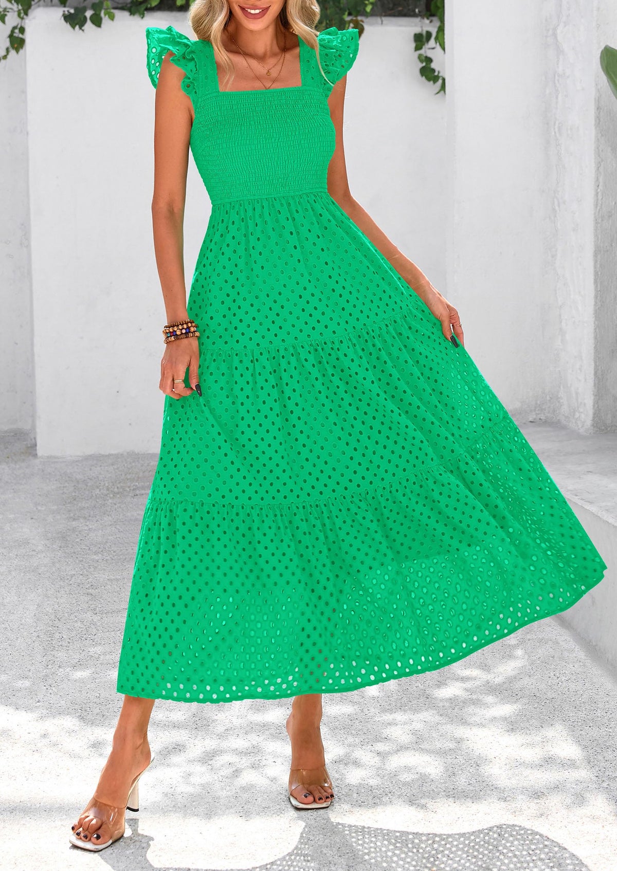 Square Neck Cap Sleeve Eyelet Smocked Tiered A Line Maxi Dresses with Pockets