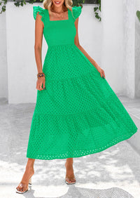Square Neck Cap Sleeve Eyelet Smocked Tiered A Line Maxi Dresses with Pockets