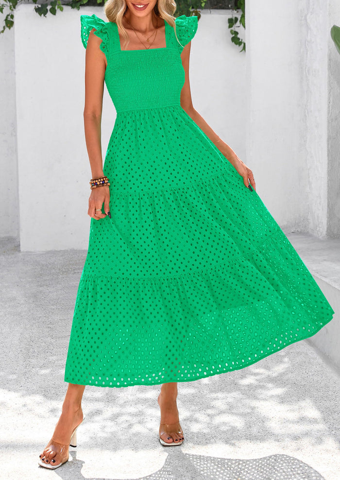 Square Neck Cap Sleeve Eyelet Smocked Tiered A Line Maxi Dresses with Pockets