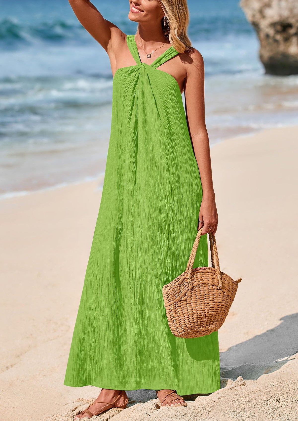 Casual Sleeveless Strappy Loose Flowy Beach Maxi Dress with Pockets