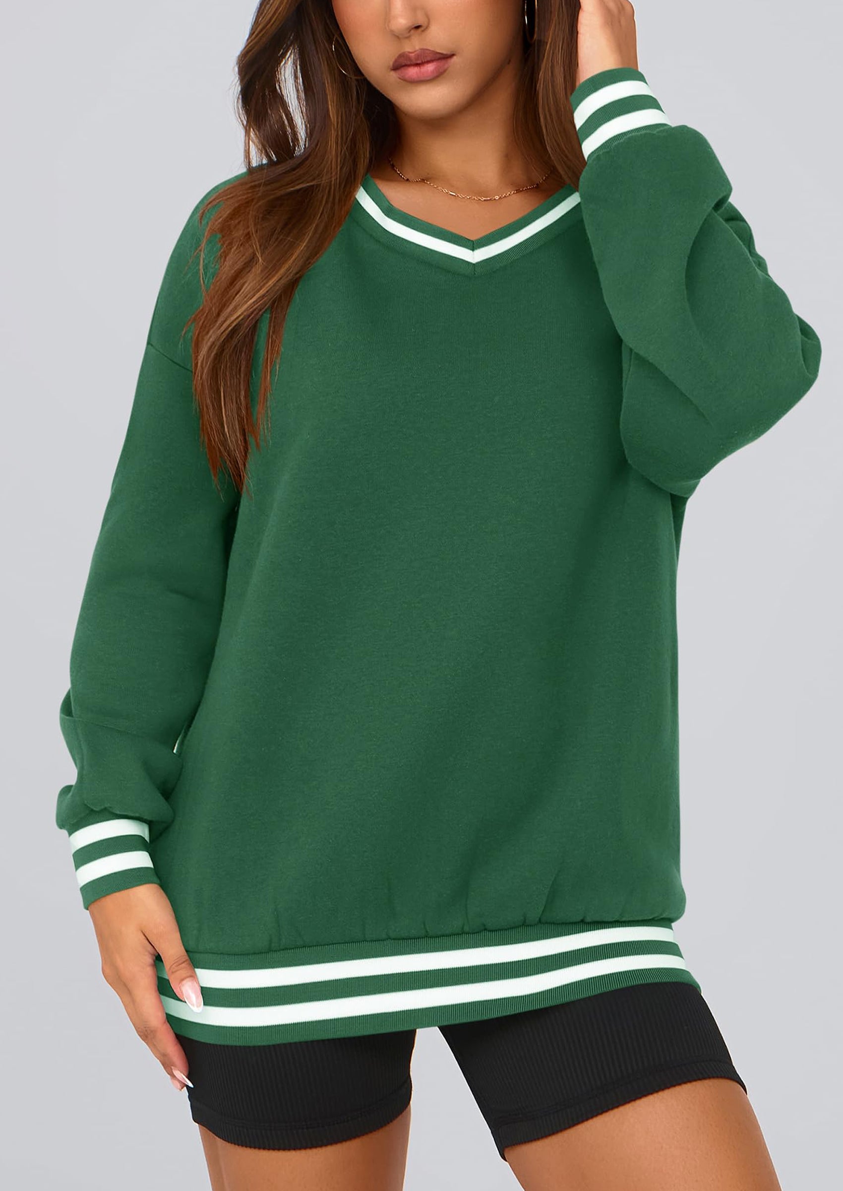 PRETTYGARDEN Women's Oversized Sweatshirts Casual Long Sleeve Stripes Knit V Neck Pullover Top Fall Teens Preppy Clothes