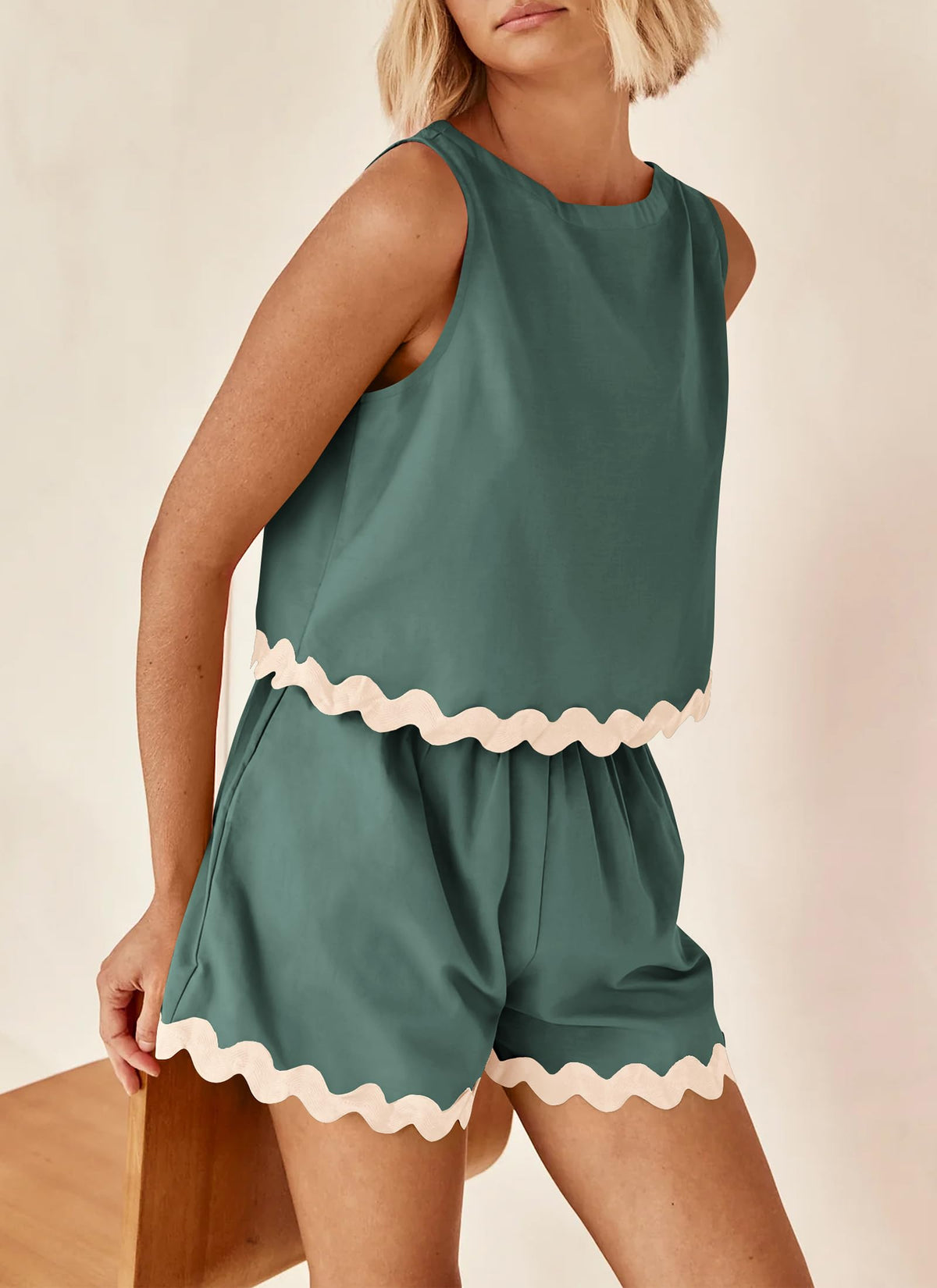 Beach Vacation Cropped Tank Top High Waist Shorts Two Piece Set