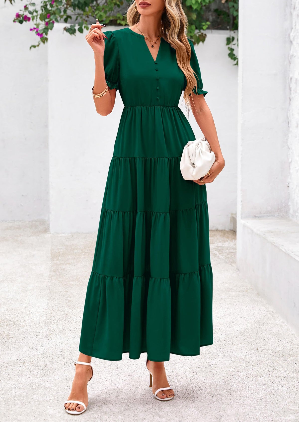 Casual Short Sleeve V Neck Tiered Flowy Beach Vacation Maxi Dress with Pockets