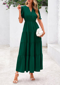 Casual Short Sleeve V Neck Tiered Flowy Beach Vacation Maxi Dress with Pockets
