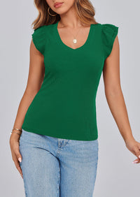 V Neck Ruffle Sleeveless Slim Fit Casual T-shirts
