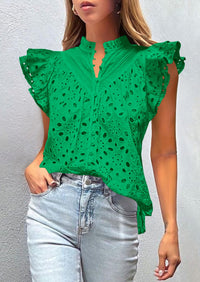 Casual Ruffle Cap Sleeve Button V Neck Embroidered Eyelet Blouses