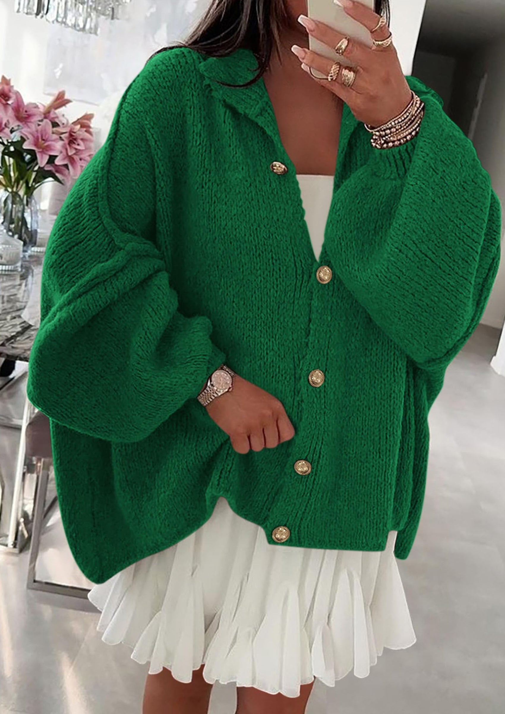 PRETTYGARDEN Women's Winter Button Down Cardigan Sweaters Mock Neck Lantern Long Sleeve Chunky Knit Jacket Trendy Outerwear