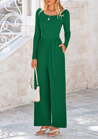 Solid Color Casual Long Sleeve Wide Leg Pants Jumpsuits