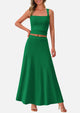 Crop Tank Top Flowy Midi Skirts Ribbed Knit Casual Two Piece Skirt Set