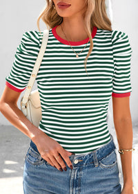 Puff Sleeve Casual Ribbed Knit Color Block Striped Pullover T-shirts