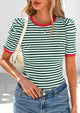 Puff Sleeve Casual Ribbed Knit Color Block Striped Pullover T-shirts