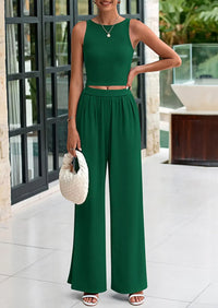 PRETTYGARDEN Two Piece Sets Ribbed Knit Crew Neck Sleeveless Tank Tops Wide Leg Pants Casual Lounge Set