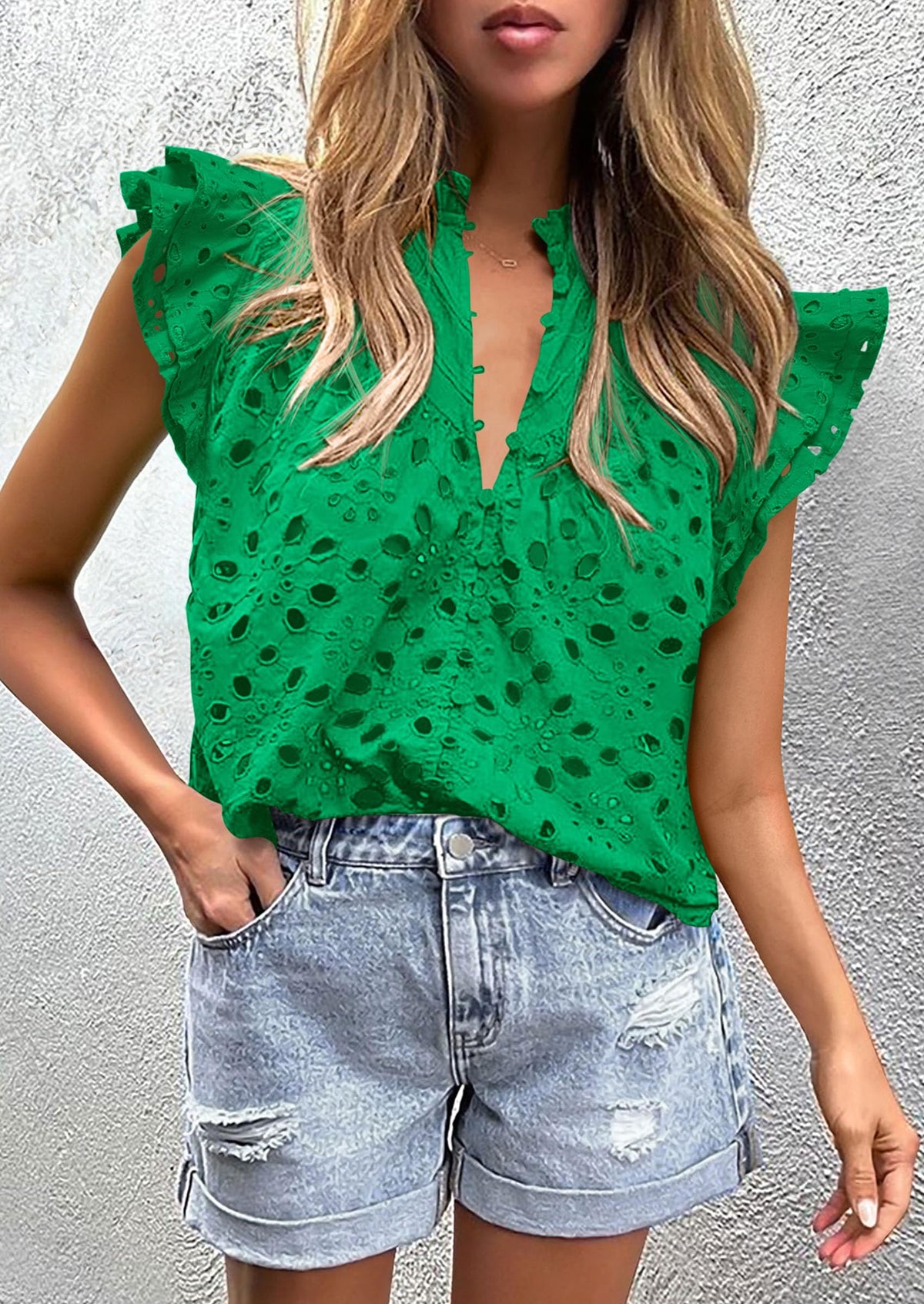 Casual Ruffle Cap Sleeve Button V Neck Embroidered Eyelet Blouses