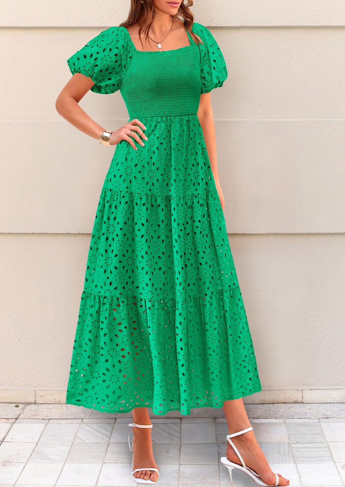Eyelet Square Neck Puff Sleeve Smocked Maxi Dress with Pockets