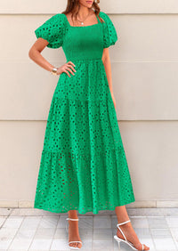 Eyelet Square Neck Puff Sleeve Smocked Maxi Dress with Pockets