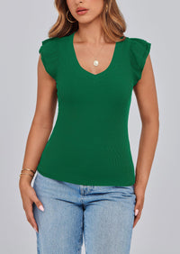 V Neck Ruffle Sleeveless Slim Fit Casual T-shirts