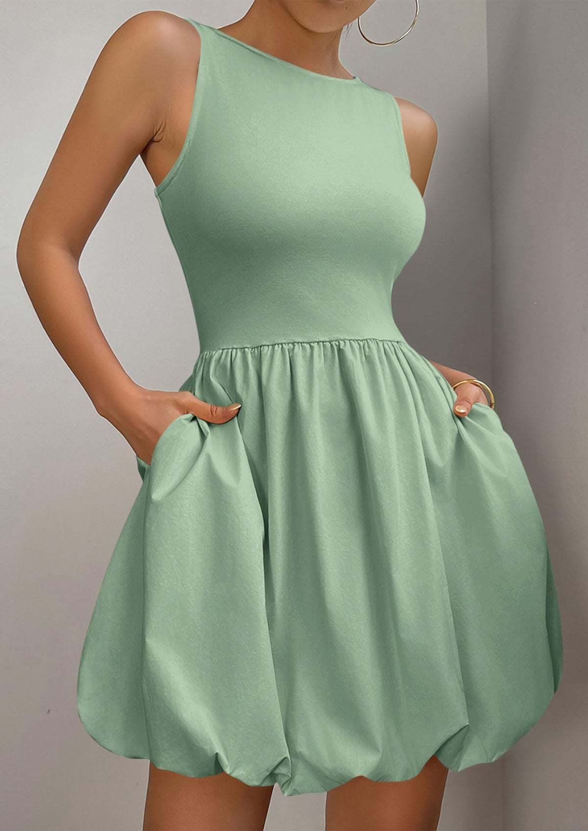Casual Sleeveless Tank Mini Short Dress Crew Neck Bubble Dress with Pockets
