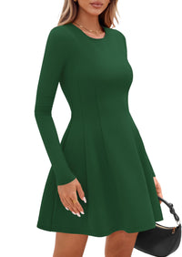 PRETTYGARDEN Long Sleeve Mini Dress for Women Fall Crewneck Knit Pleated Babydoll A Line Soft Casual Short Party Dresses PRETTYGARDEN