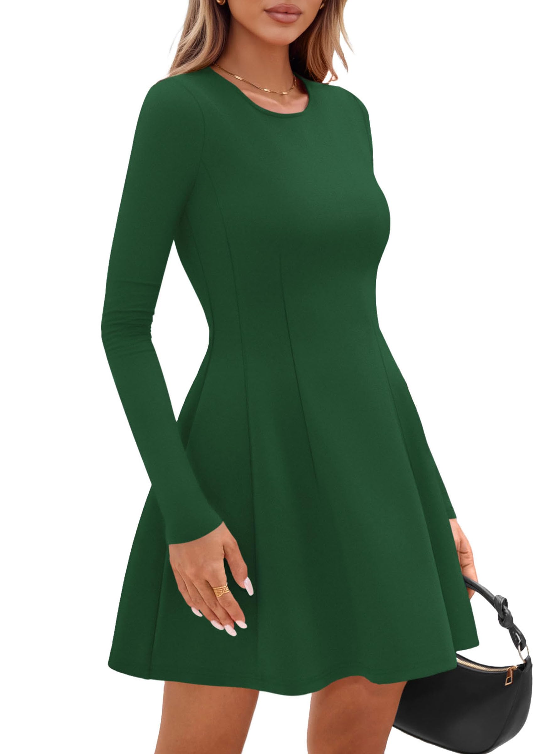 PRETTYGARDEN Long Sleeve Mini Dress for Women Fall Crewneck Knit Pleated Babydoll A Line Soft Casual Short Party Dresses PRETTYGARDEN