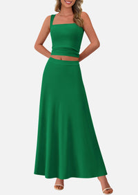 Crop Tank Top Flowy Midi Skirts Ribbed Knit Casual Two Piece Skirt Set