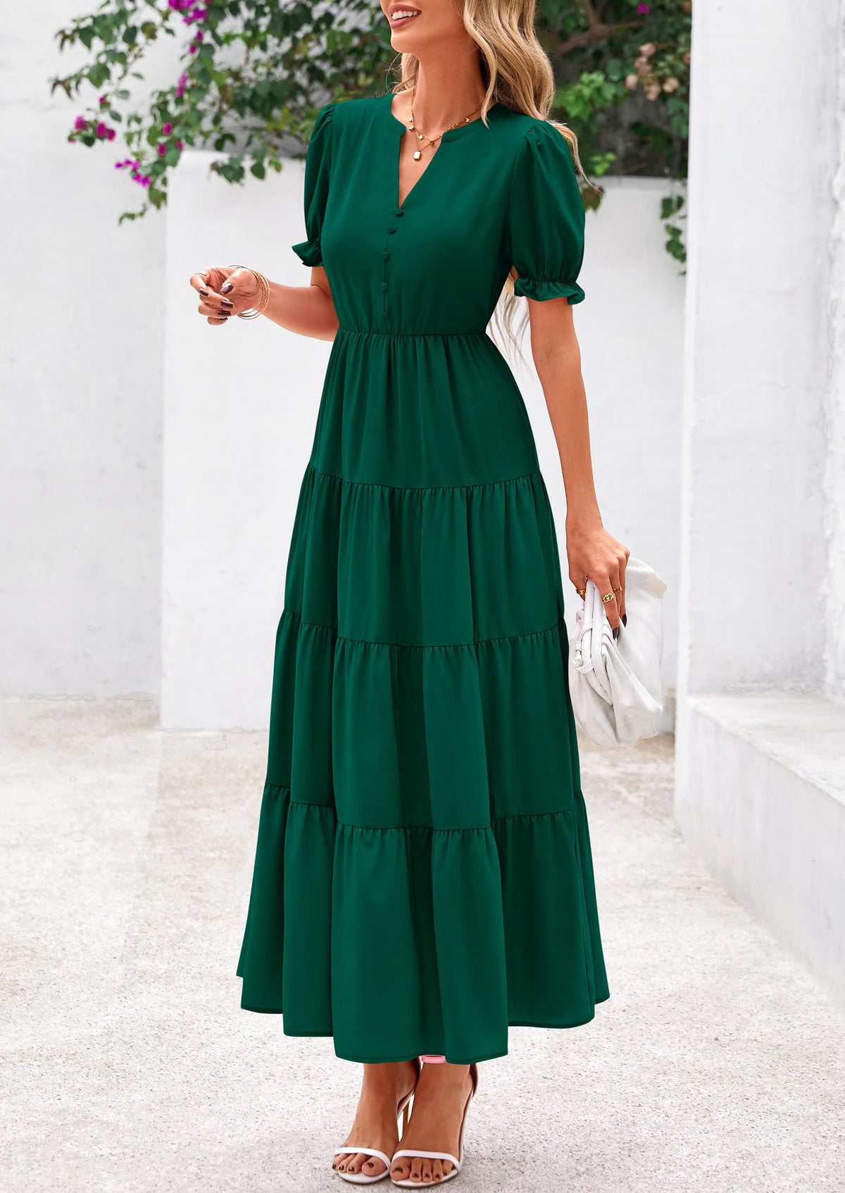 Casual Short Sleeve V Neck Tiered Flowy Beach Vacation Maxi Dress with Pockets