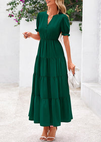 Casual Short Sleeve V Neck Tiered Flowy Beach Vacation Maxi Dress with Pockets