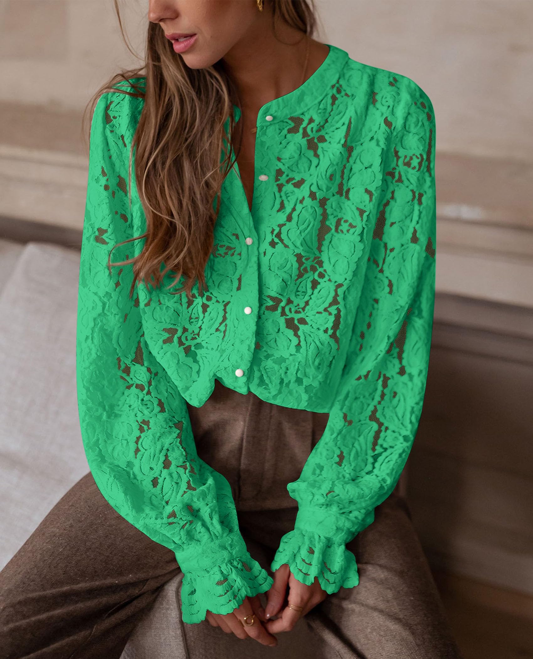 PRETTYGARDEN Women's Dressy Casual Lace Blouse Long Sleeve Button Up Shirts Tops Spring Fall Fashion Clothes