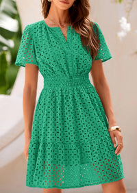 V Neck Short Sleeve A Line Hollow Out Lace Ruffle Casual Beach Party Mini Dresses