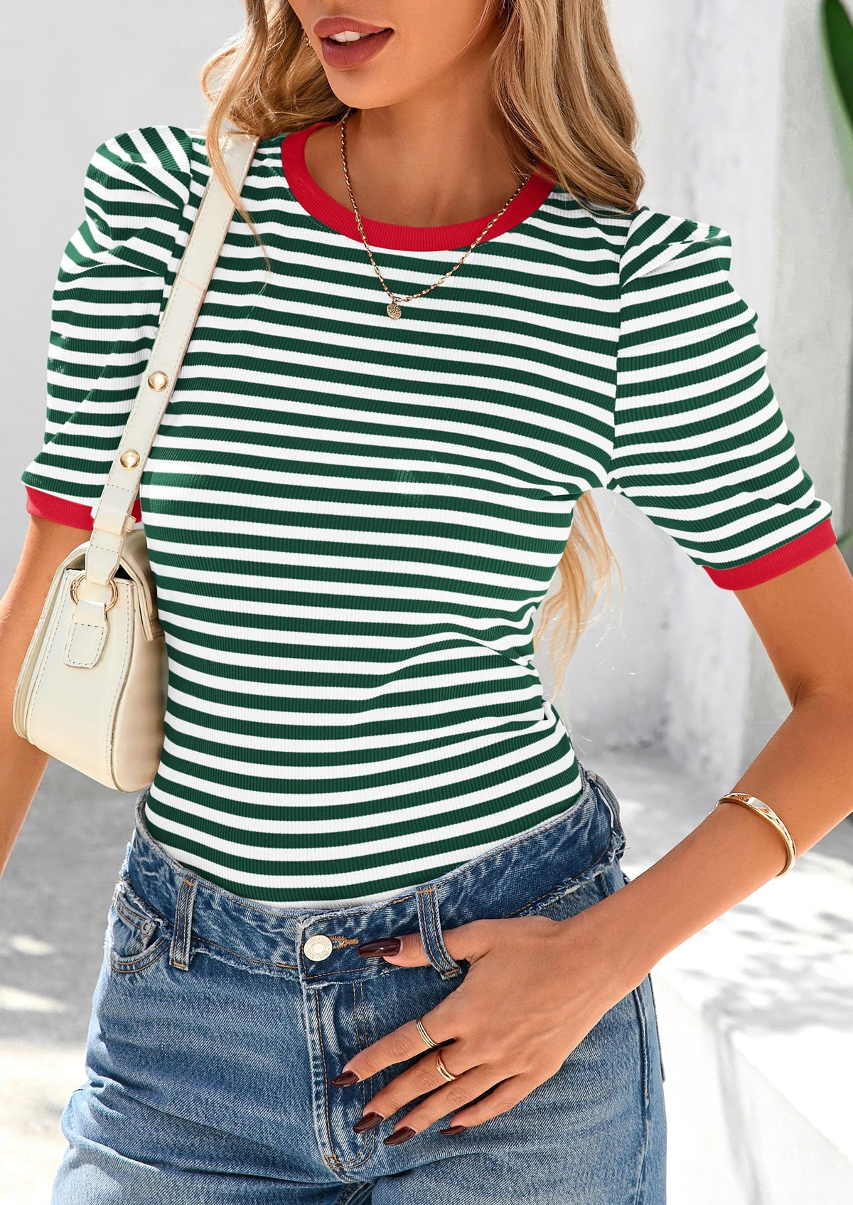 Puff Sleeve Casual Ribbed Knit Color Block Striped Pullover T-shirts