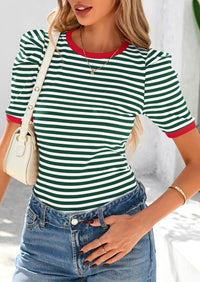 Puff Sleeve Casual Ribbed Knit Color Block Striped Pullover T-shirts
