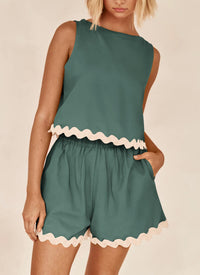 Beach Vacation Cropped Tank Top High Waist Shorts Two Piece Set