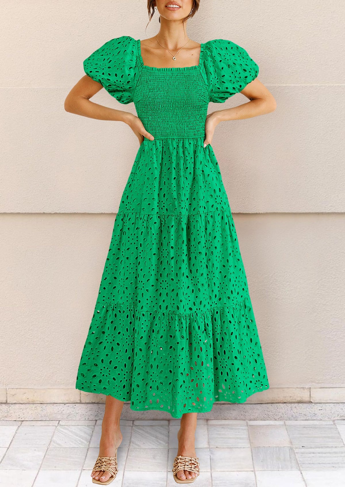 Eyelet Square Neck Puff Sleeve Smocked Maxi Dress with Pockets