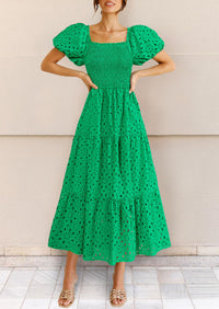 Eyelet Square Neck Puff Sleeve Smocked Maxi Dress with Pockets