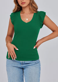 V Neck Ruffle Sleeveless Slim Fit Casual T-shirts