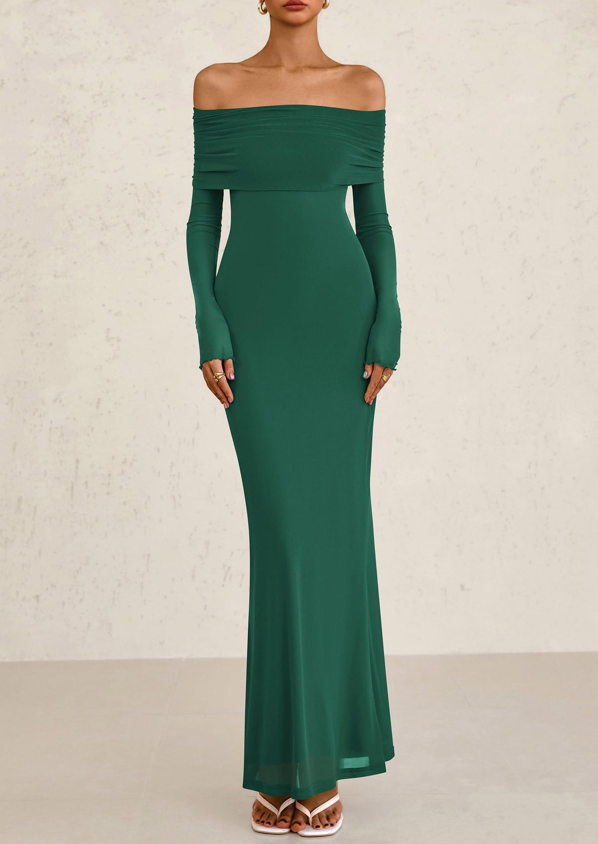 Off The Shoulder Bodycon Long Sleeve Mesh Maxi Dress